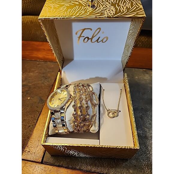 Folio Watch Necklace Bracelet Set Chain Link Wrap Stones WATCH NEEDS BATTERY - Picture 1 of 7